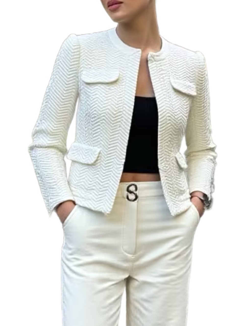 Femme De Carriere Cropped Collarless White Blazer with Hook Closure Size EU 30